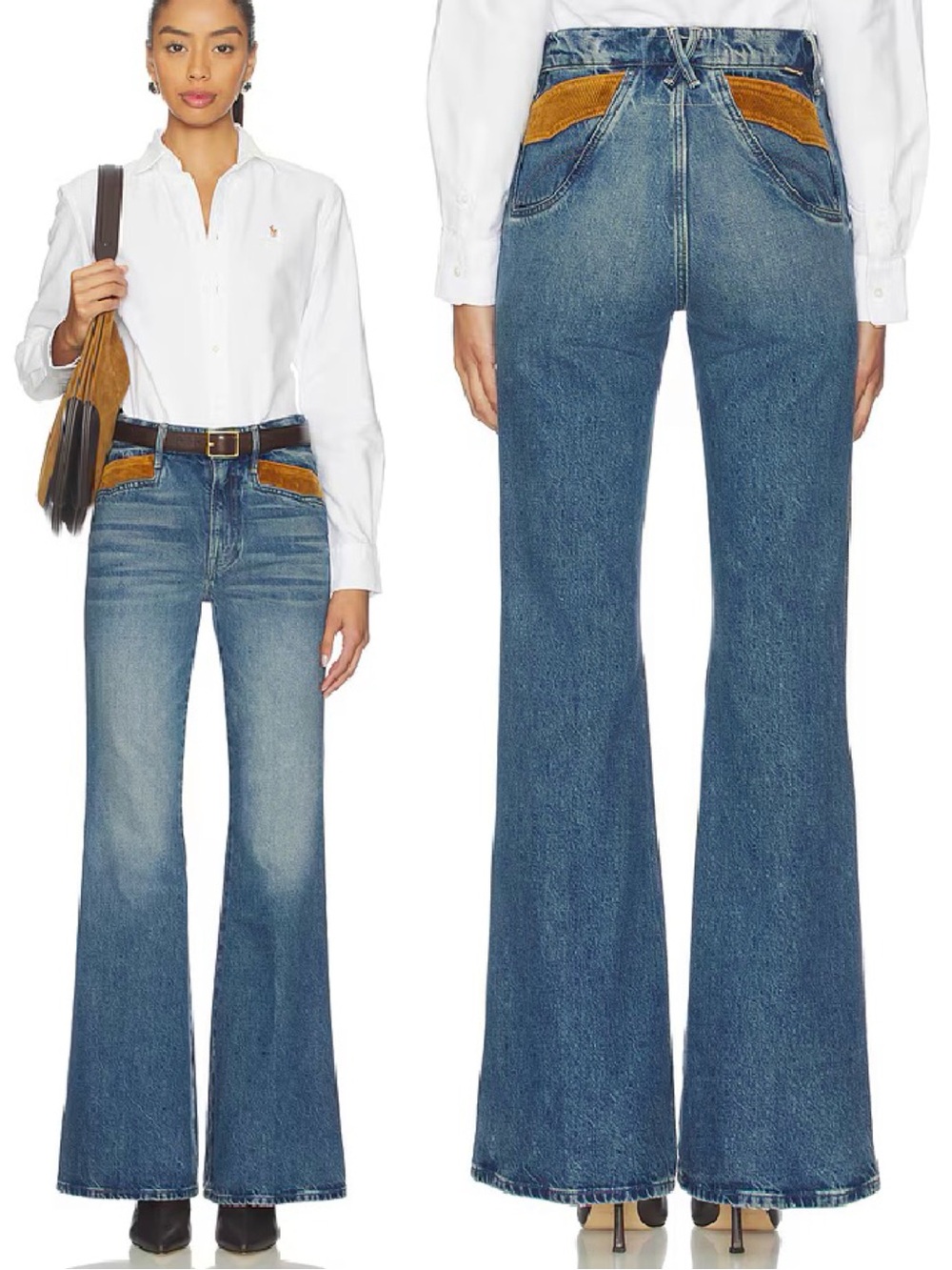 NWT MOTHER Pointy Pocket Doozy Heel Jeans Remember When Blue Brown Size 29